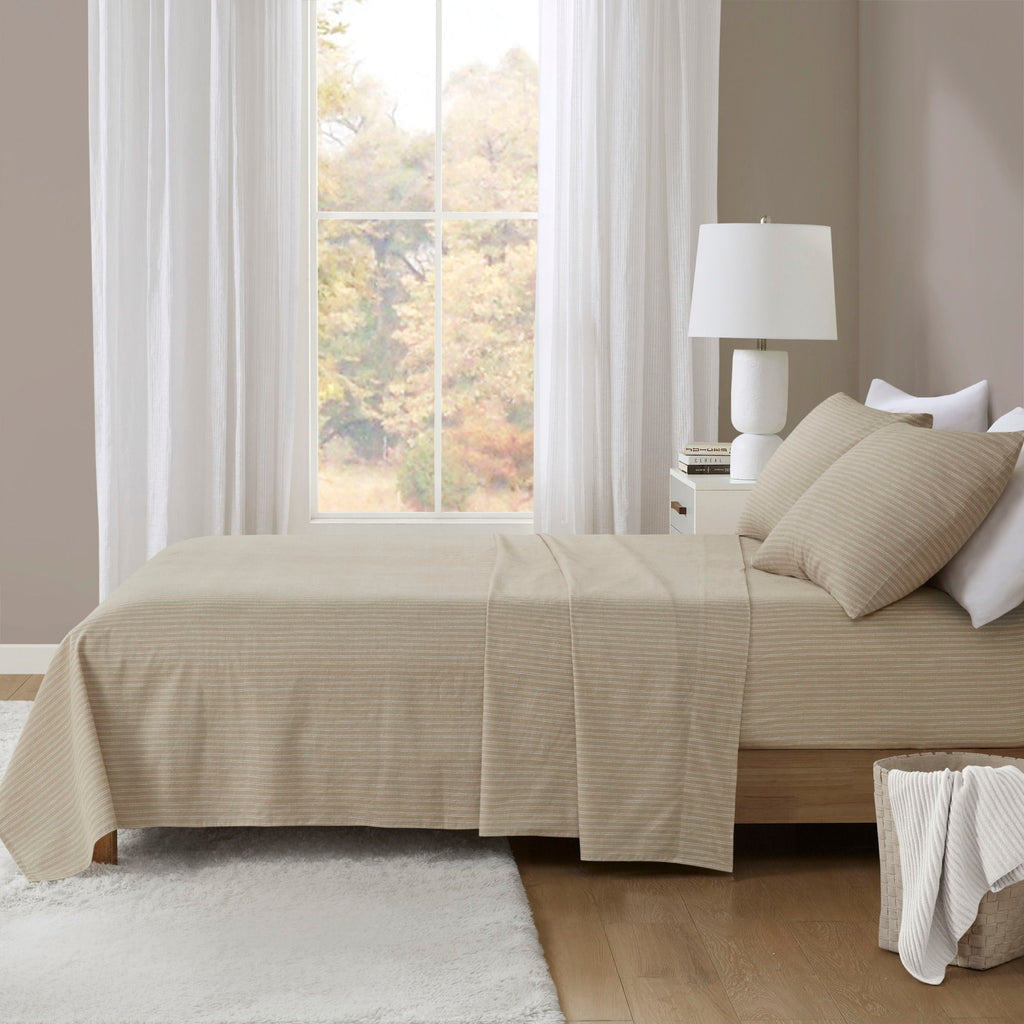 Cozy Cotton Flannel - California King Printed Sheet Set - Beige / White Stripes