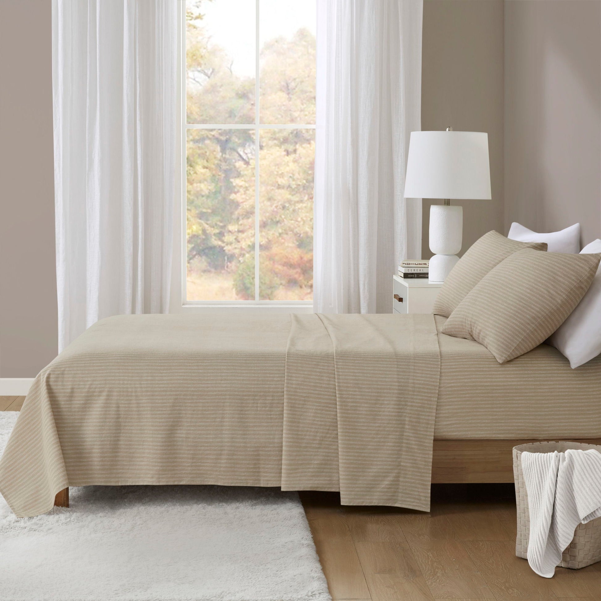 Cozy Cotton Flannel - Twin Long Printed Sheet Set - Beige/White Stripes