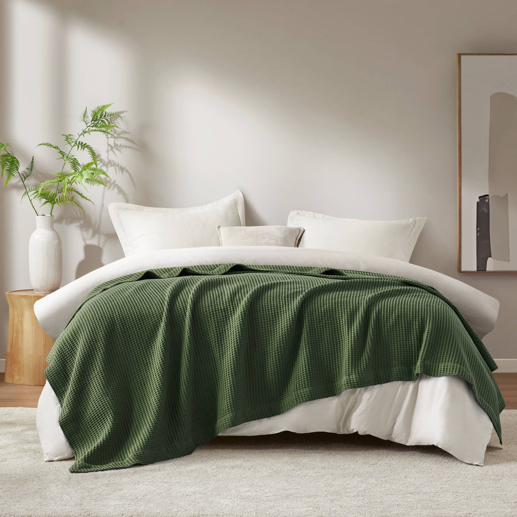 Waffle Weave - King Cotton Blanket - Olive Green