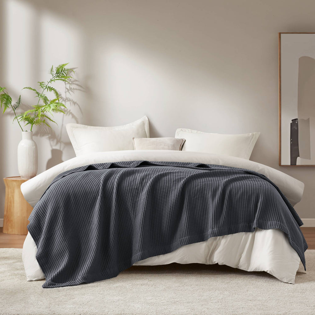 Waffle Weave - King Cotton Blanket - Dark Gray