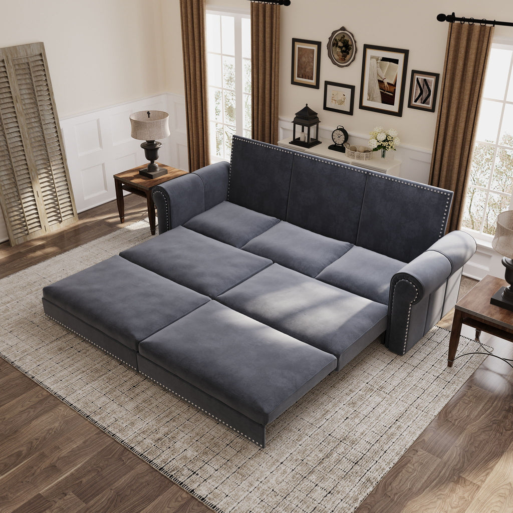 3 In 1 Convertible Sleeper Sofa With Nailhead Trim & Rolled Arm