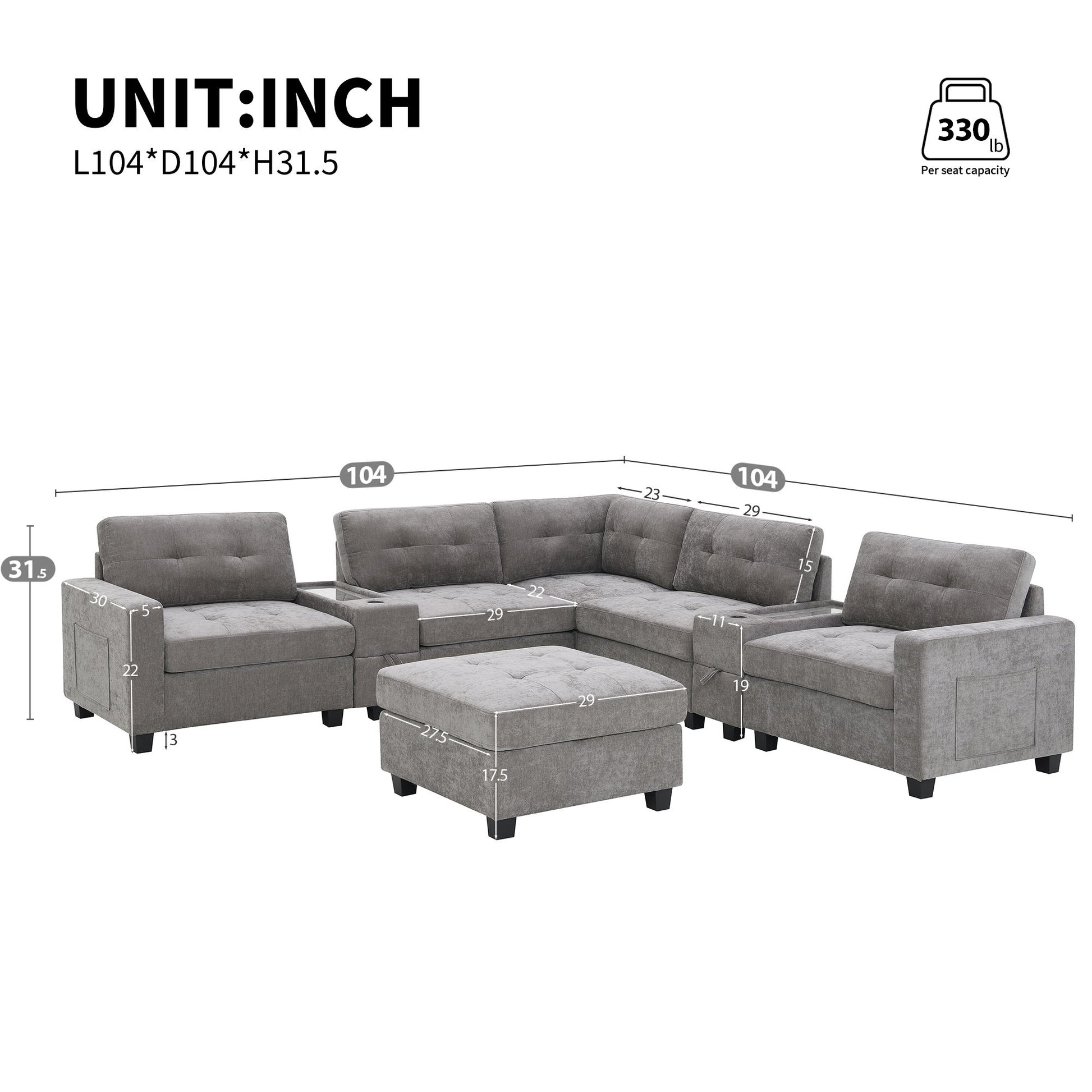 Sectional With Acrylic Table Top U Shaped Couch Set With 2 Consoles USB Charger, Storage Drawers And Pockets Movable Ottoman Tufted Sofa