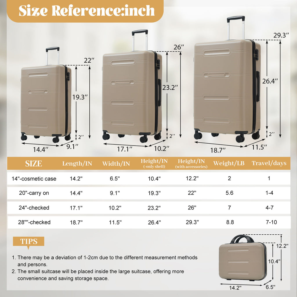 6 Piece Lightweight Hardshell Luggage Set With Double Spinner Wheels, Password Lock