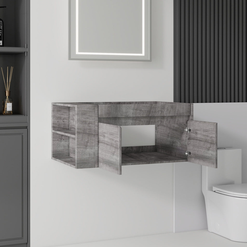 Floating Bathroom Vanity Cabinet, Soft Close Double Drawers, Open Side Storage, Wall Mounted, Cabinet Only