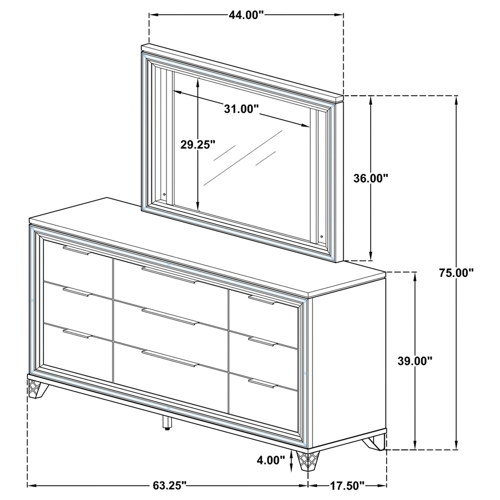 9 Drawer Dresser With LED Mirror, Touch Activated Lighting - White