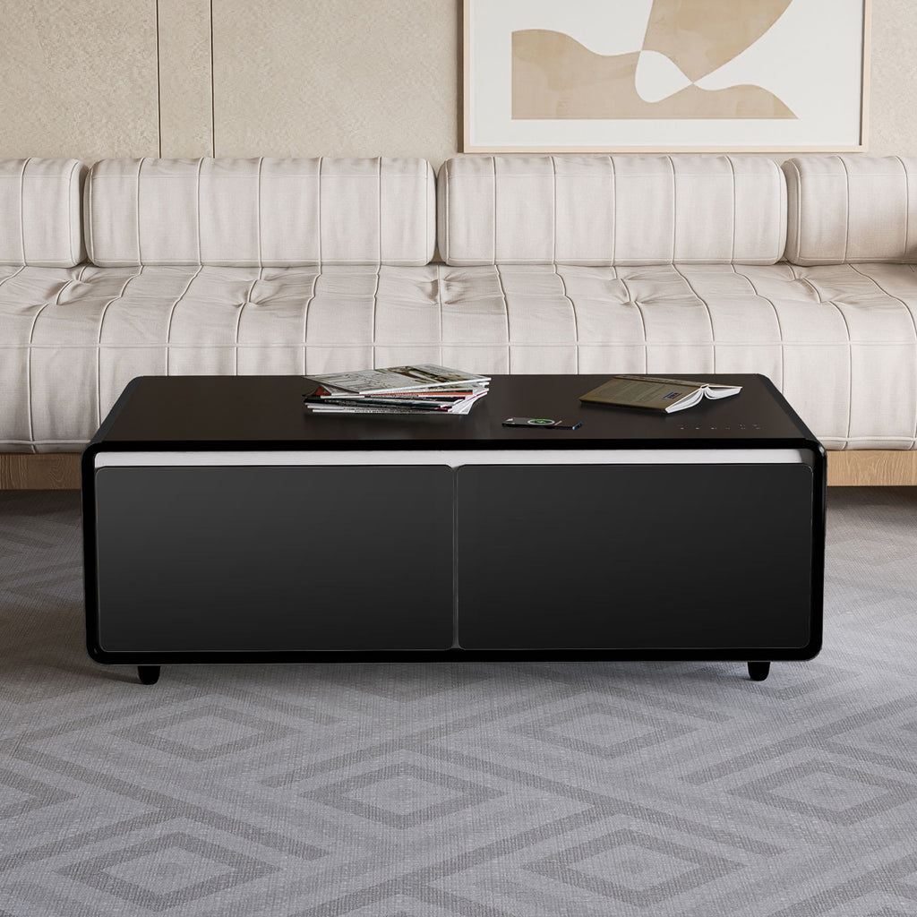 Modern Smart Coffee Table With Built-In Fridge, tooth Speaker, Wireless Charging Module, Touch Control Panel, Power Socket, USB Interface, Outlet Protection, Atmosphere Light