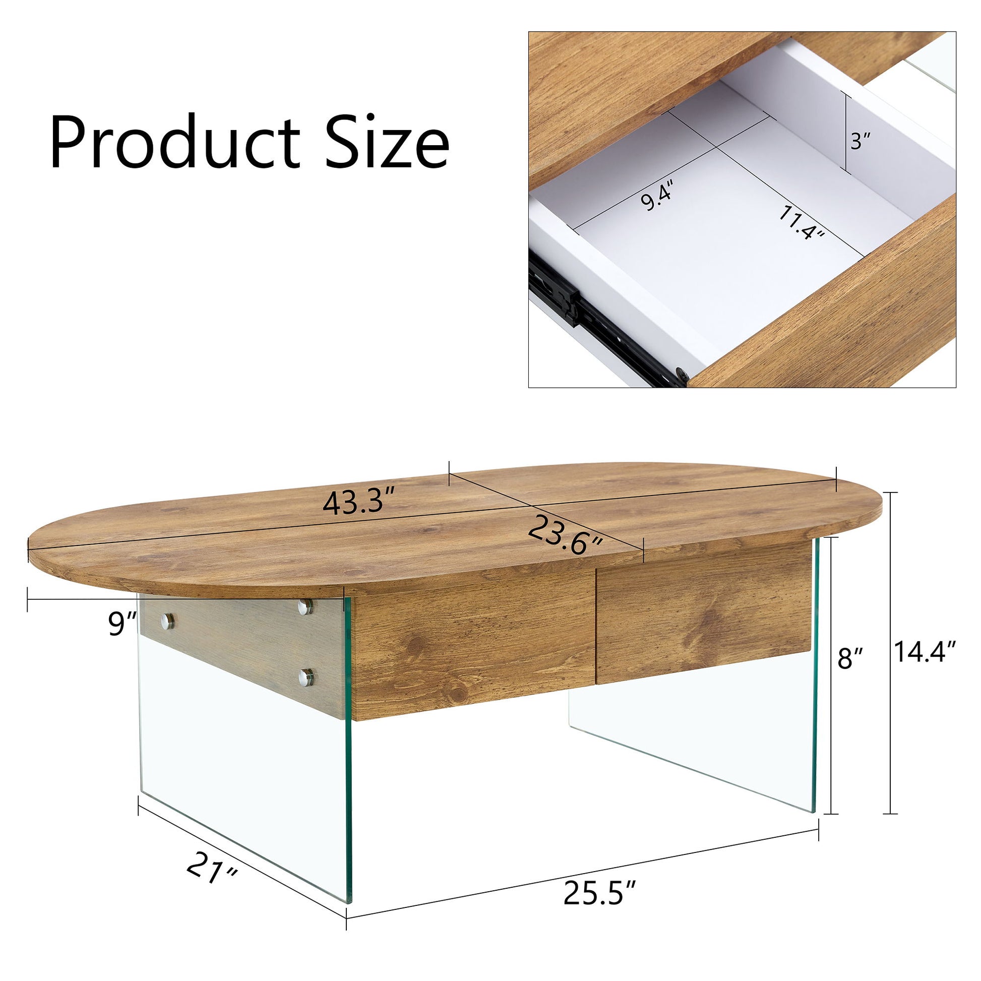 Elegant Coffee Table With Double Drawers And Transparent Glass Sides - Wood