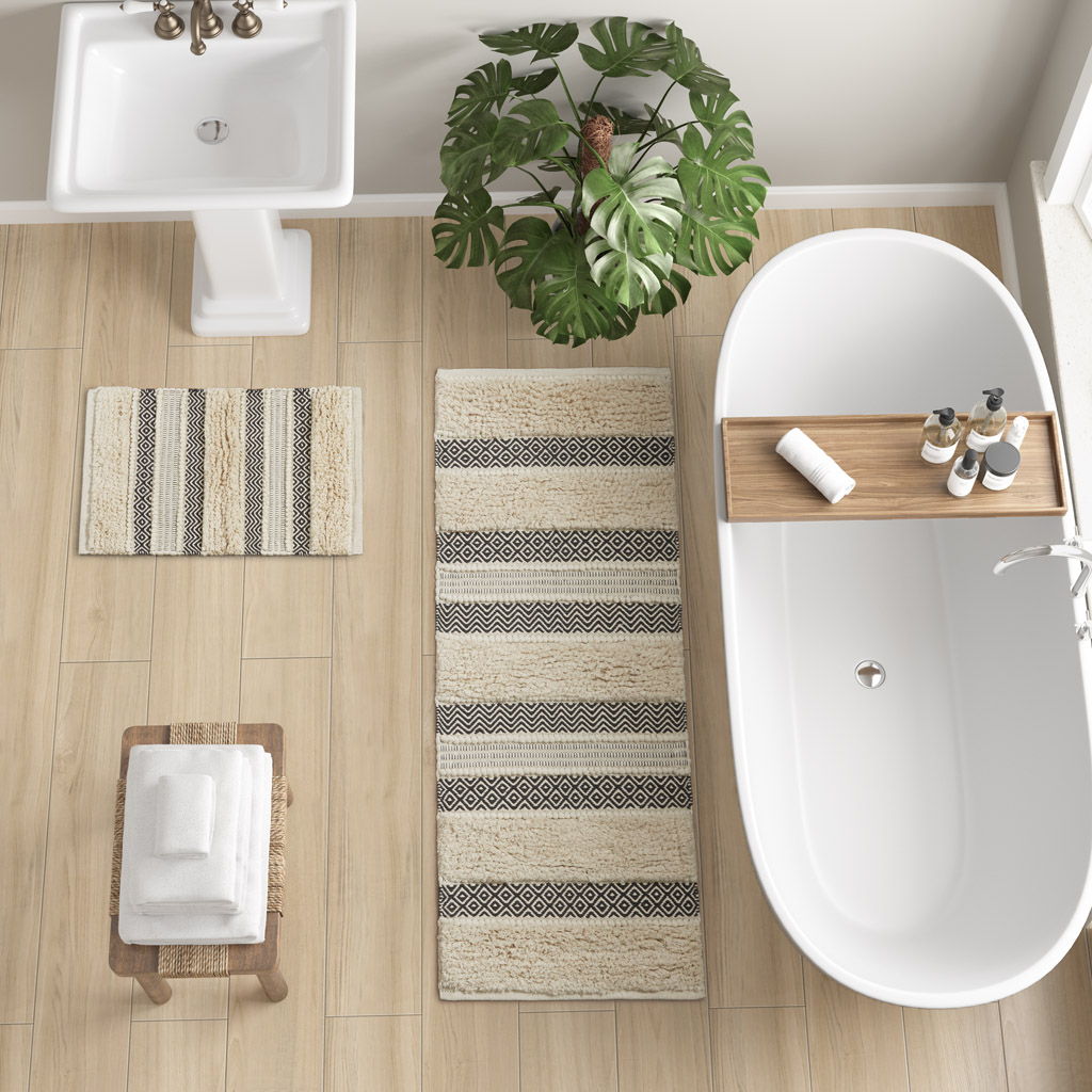 Asher - 20" x 32" Woven Texture Stripe Bath Rug - Black