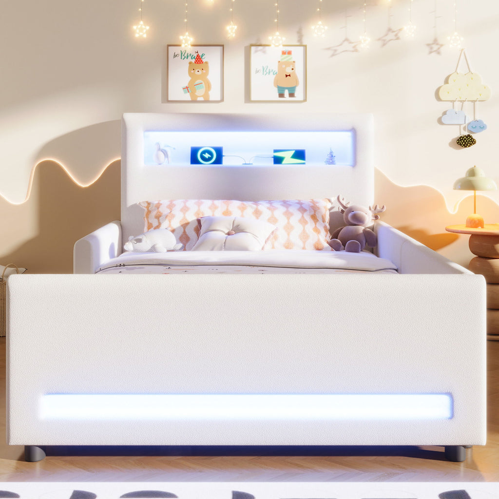 Upholstered Platform Bed With Drawer, LED Light Strip, USB Port