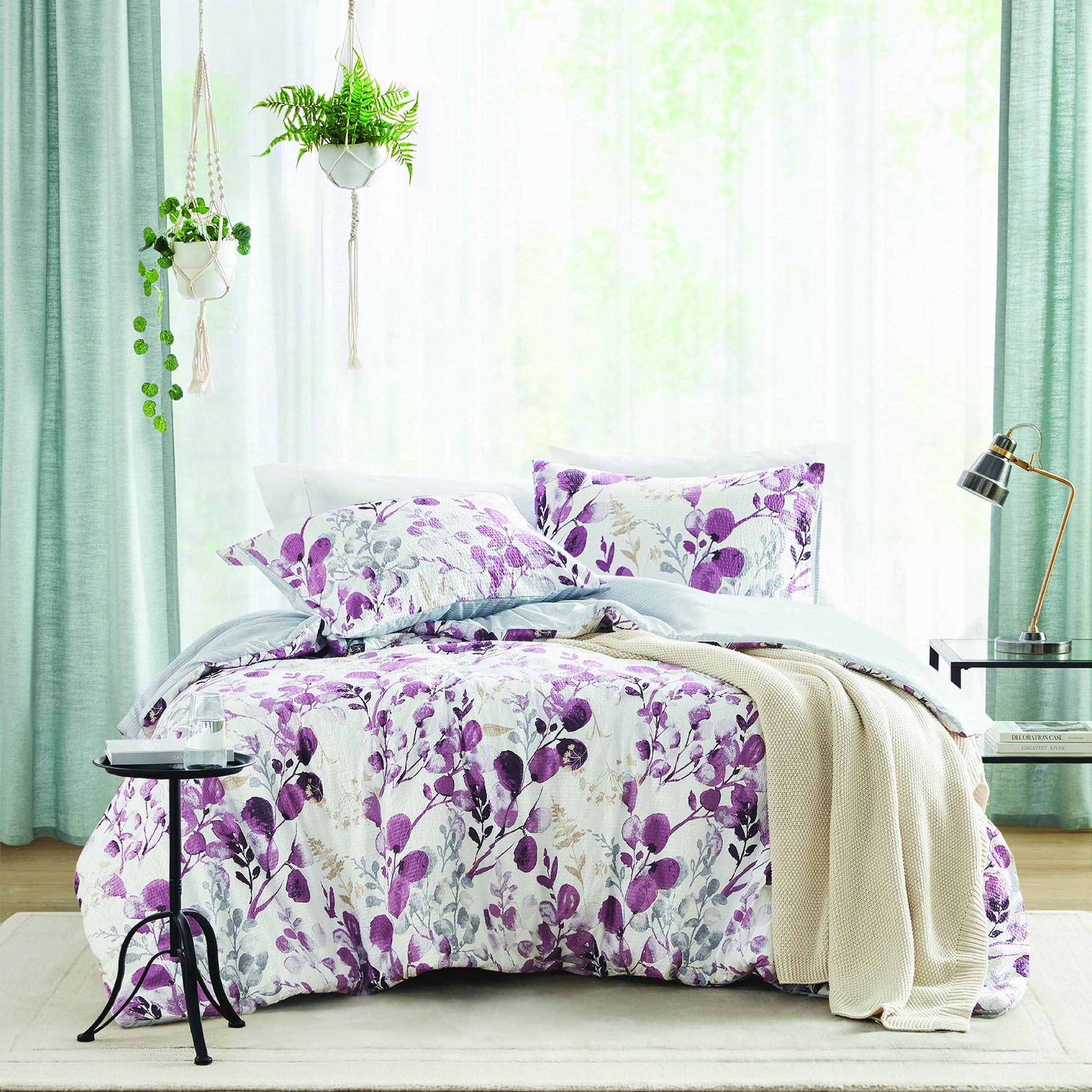 Gabby - Full/Queen Reversible Floral Botanical Seersucker Comforter Set - Plum/Gray