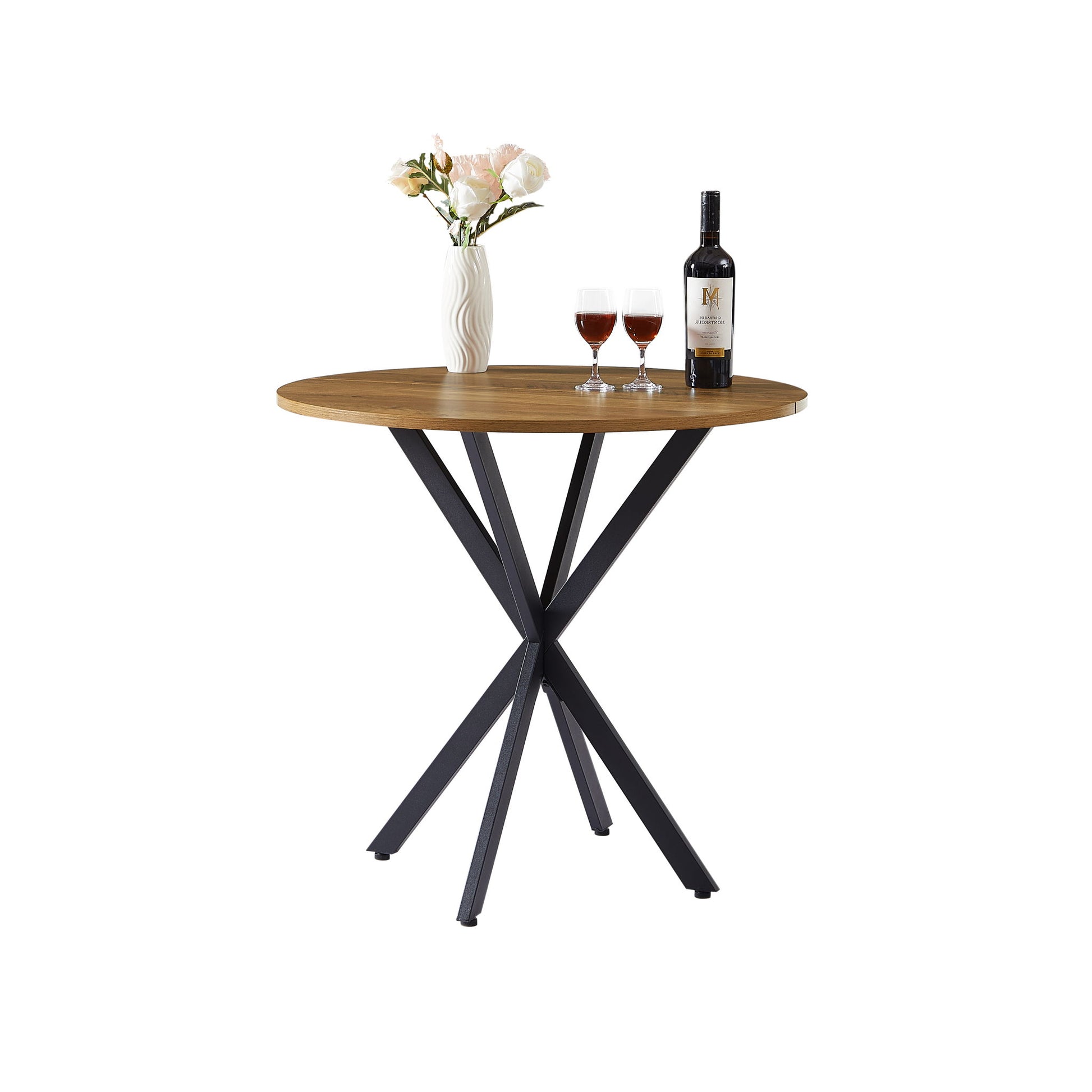 Vintage Round Dining Table With Metal Legs For 2 - 4 People, Wood Top - Brown