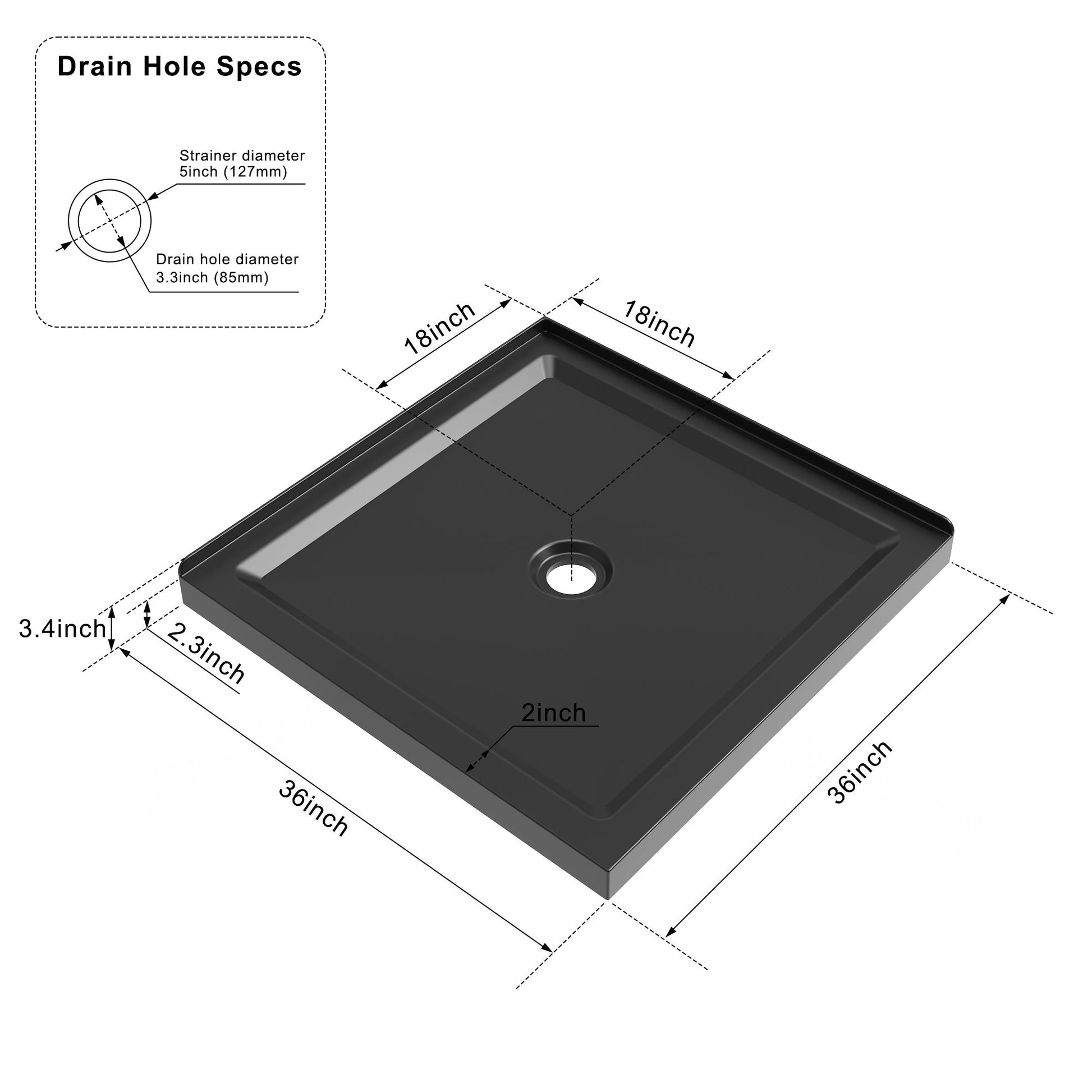 Shower Base, Anti Slip Center Drain Double Threshold - Black