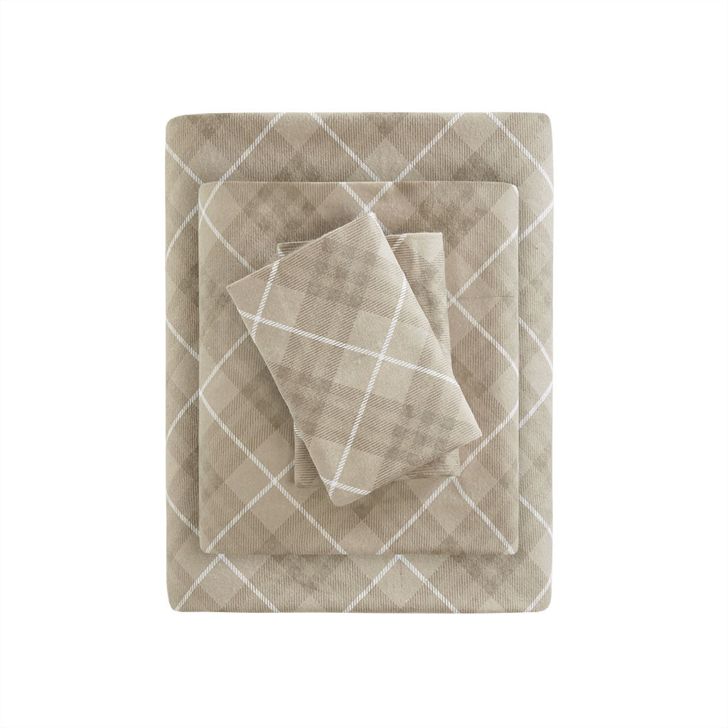 Cozy Flannel - Twin Long Sheet Set - Tan Plaid