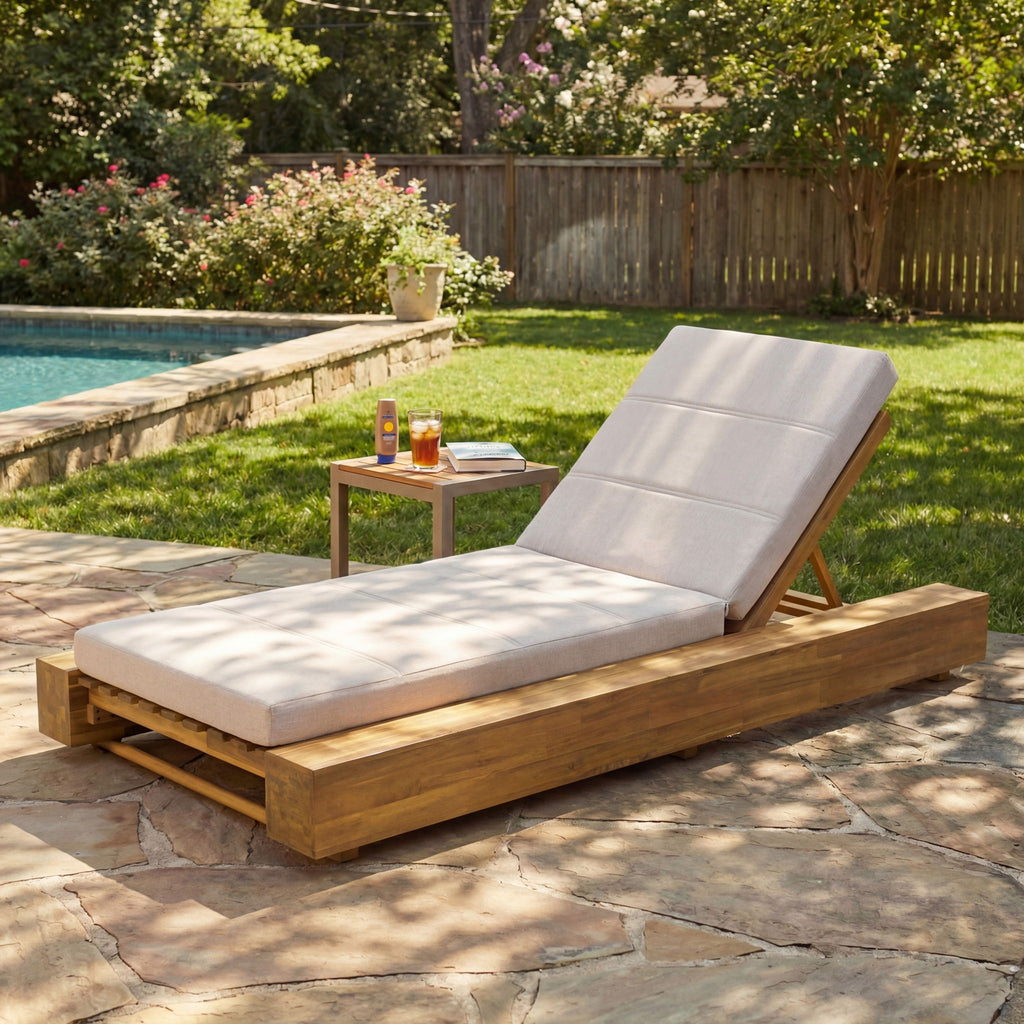 Outdoor Chaise Lounge With Water Resistant Cushion, Adjustable Backrest Patio Recliner For Poolside, Deck & Backyard - Beige / Teak