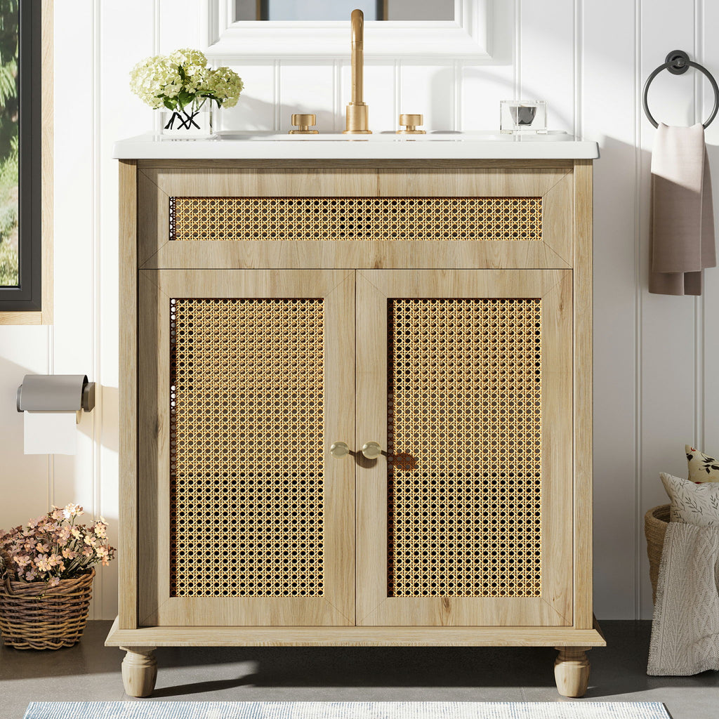 Bathroom Vanity With Handwoven Rattan Doors, Resin Basin - Natural Wood