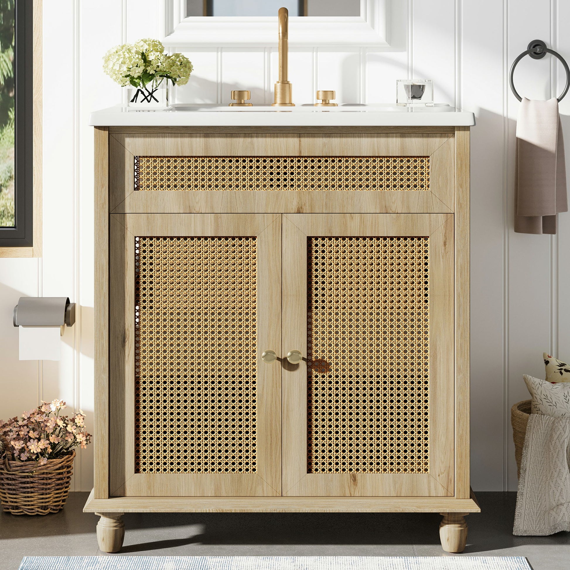 Bathroom Vanity With Handwoven Rattan Doors, Resin Basin - Natural Wood