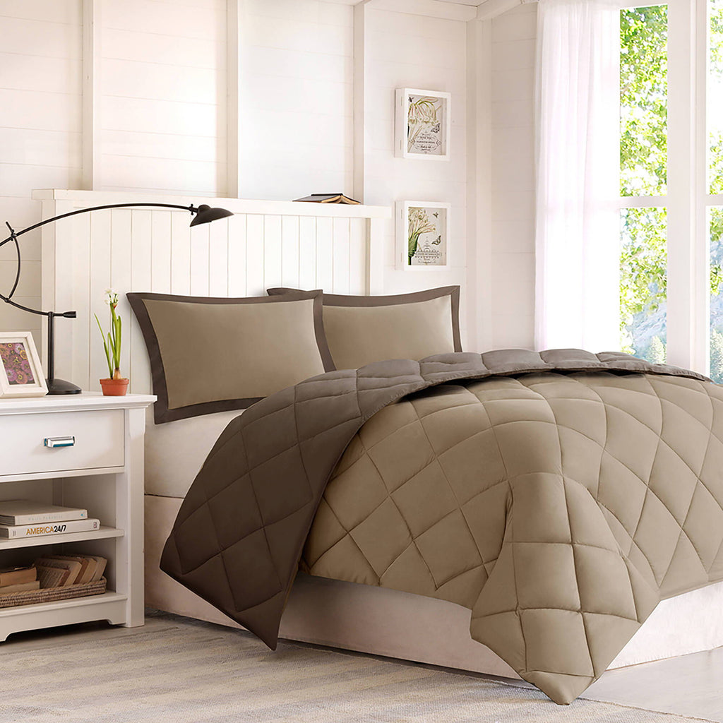 Larkspur - 3M Scotchgard Diamond Quilting Reversible Down Alternative Comforter Set - Brown / Sand