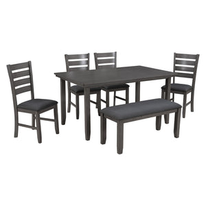 Dining Set For 6, Upholstered Chairs, Includes Table, 4 Chairs, And 2 Person Bench - Gray