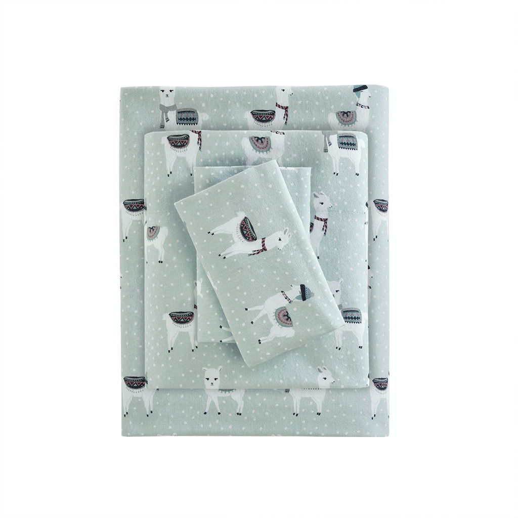 Cozy Flannel - King Printed Sheet Set - Seafoam Llama