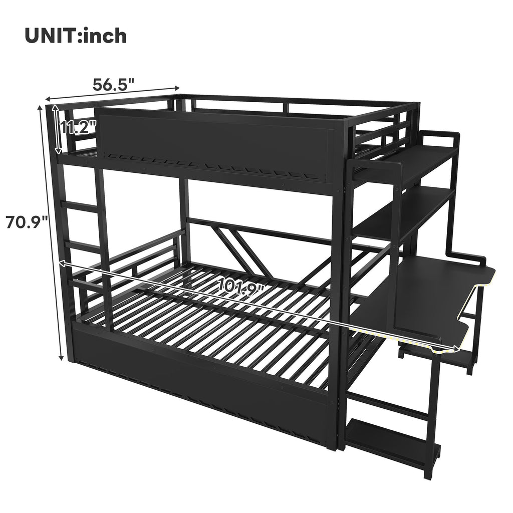 Full Gaming Bunk Bed With Desk, Two Storage Shelves And LED Light - Black