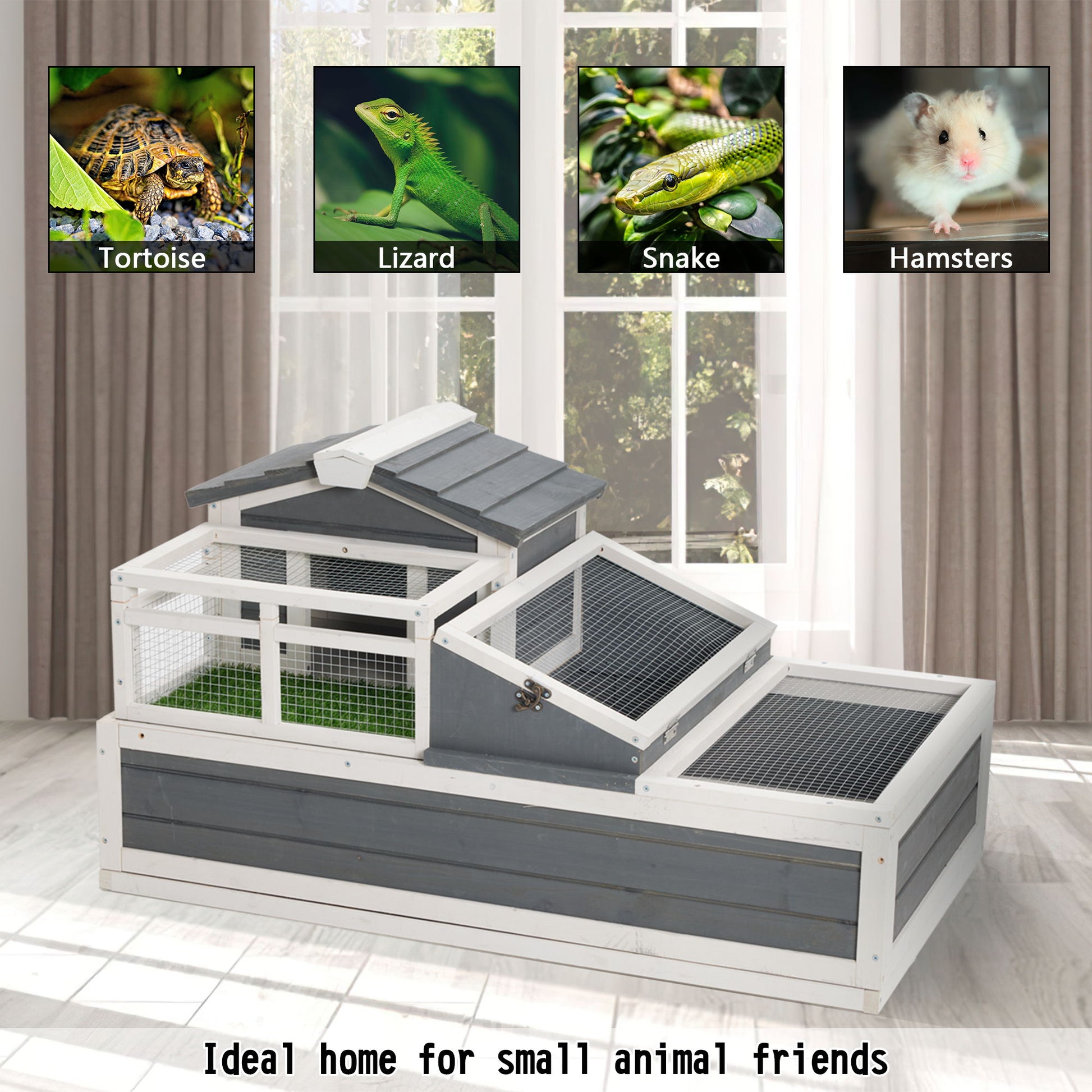 Luxury 3 Room Wooden Tortoise House Habitat With Turf Balcony & 2 Stories - Gray / White