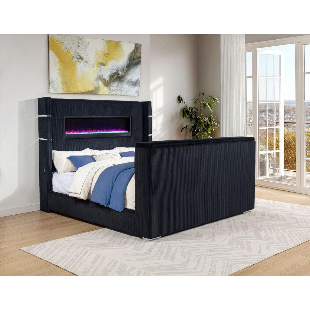 Judah - Eastern King Wingback TV Bed With Motorized Lift And Flame Visualizer - Black