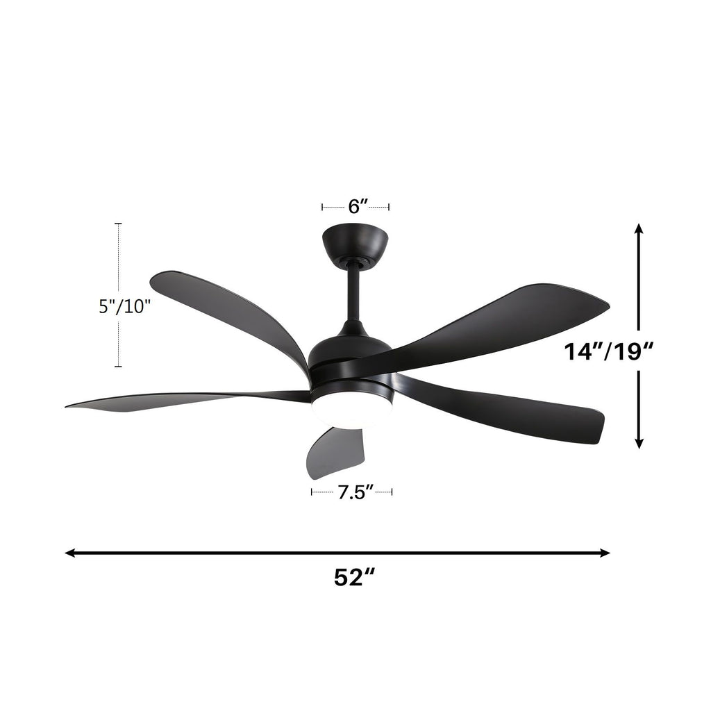 52" Ceiling Fan With 3 Color Dimmable LED Light, 5 Blades, Remote Control, Reversible DC Motor