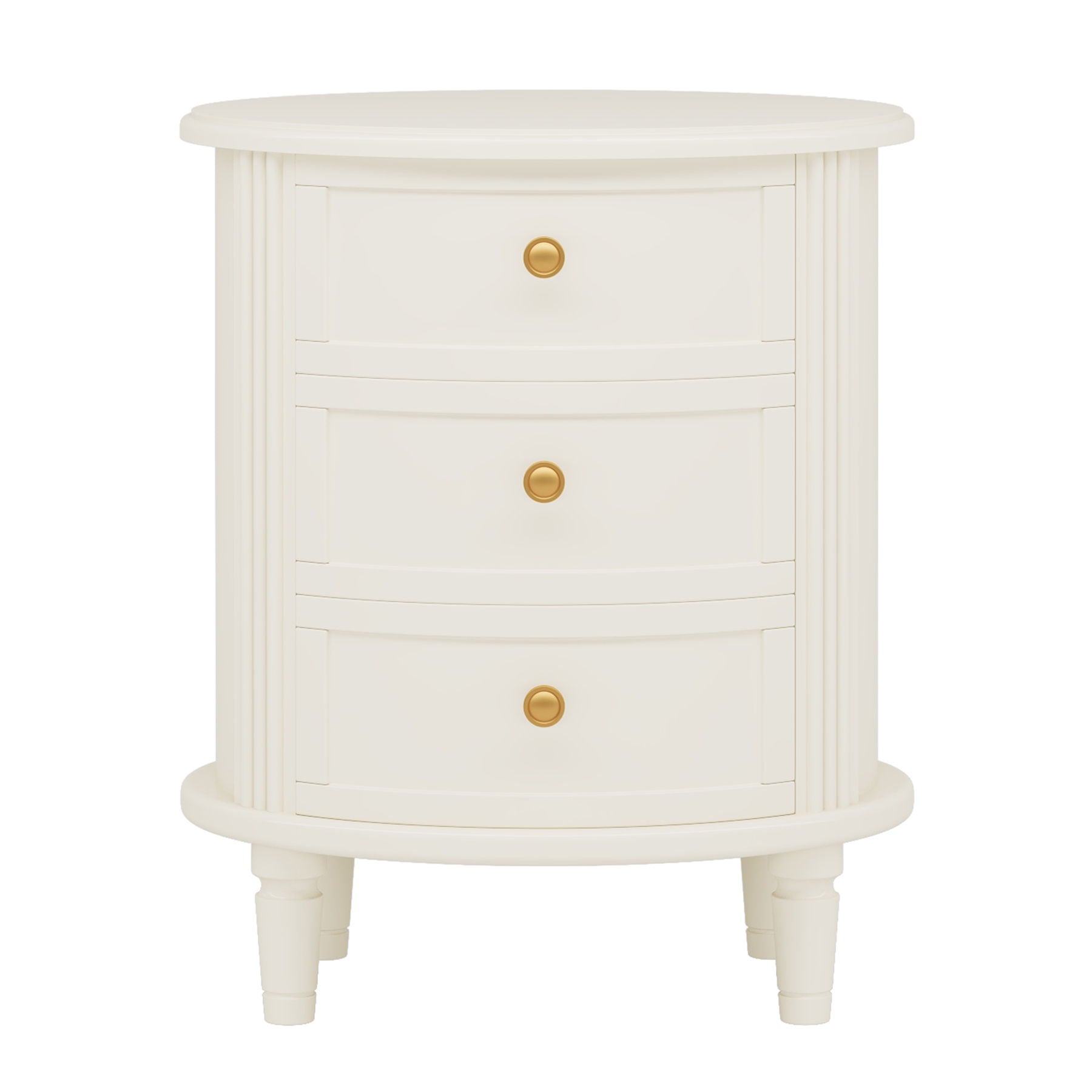 Oval Nightstand With 3 Drawers, Bedside Table - White