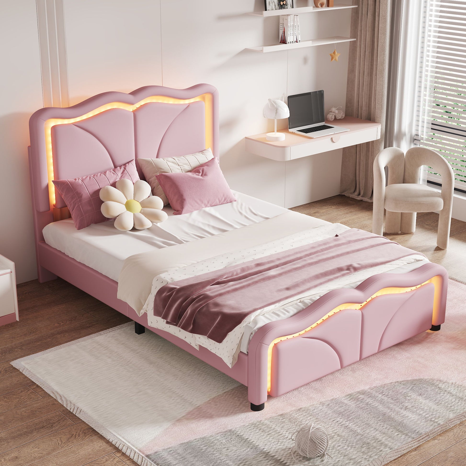 Upholstered Platform Bed & Curve Shaped And Height Adjustable Headboard, LED Light Strips
