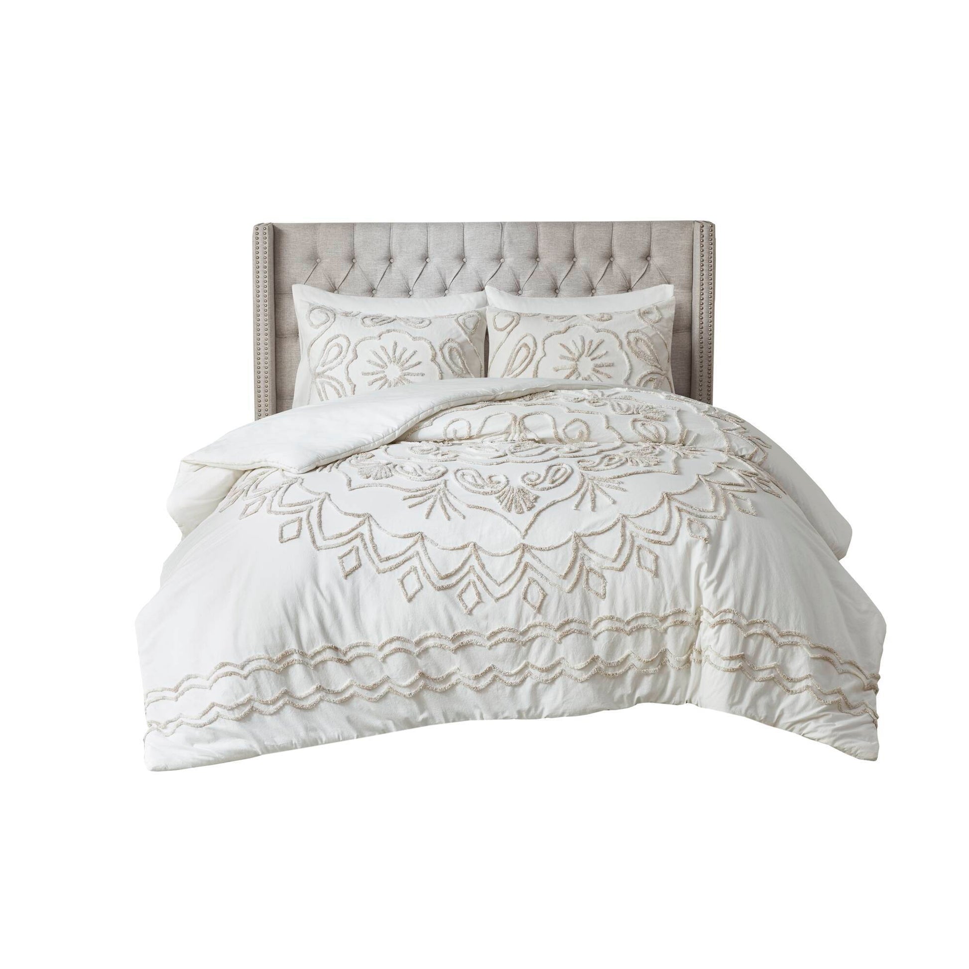 Violette - 3 Piece Tufted Duvet Cover Set - Ivory / Taupe