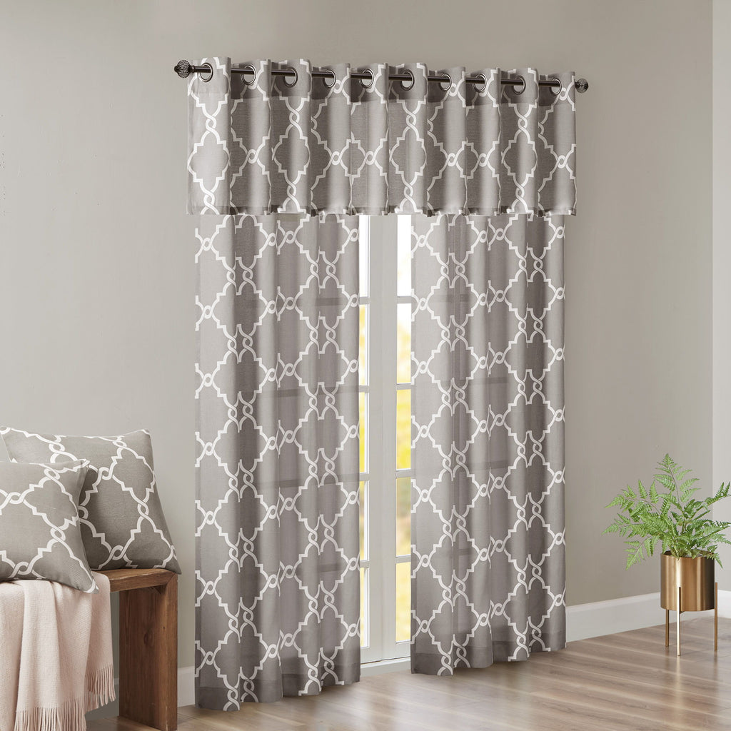 Saratoga - 95" Fretwork Print Grommet Top Window Curtain - Gray