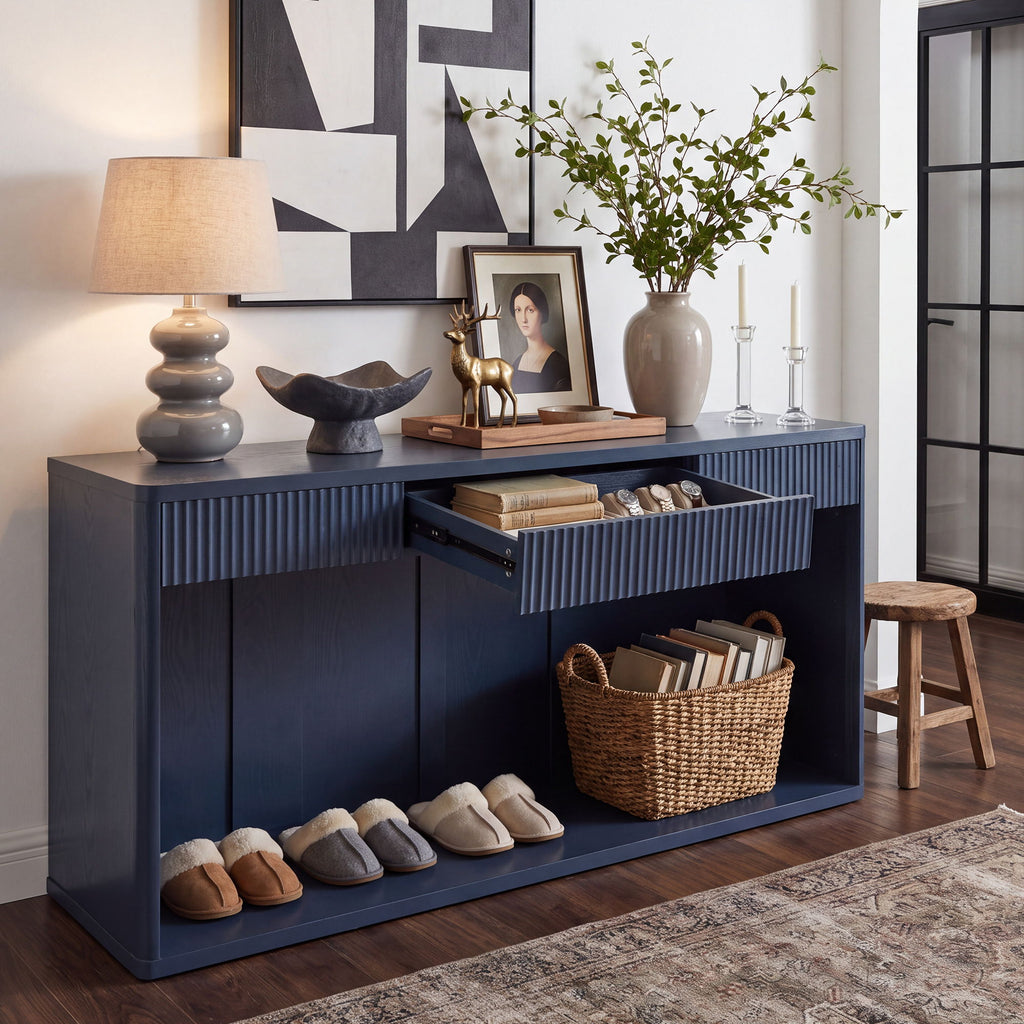 Fluted Console Table With 3 Drawers, Long Sofa Table Behind Couch For Living Room
