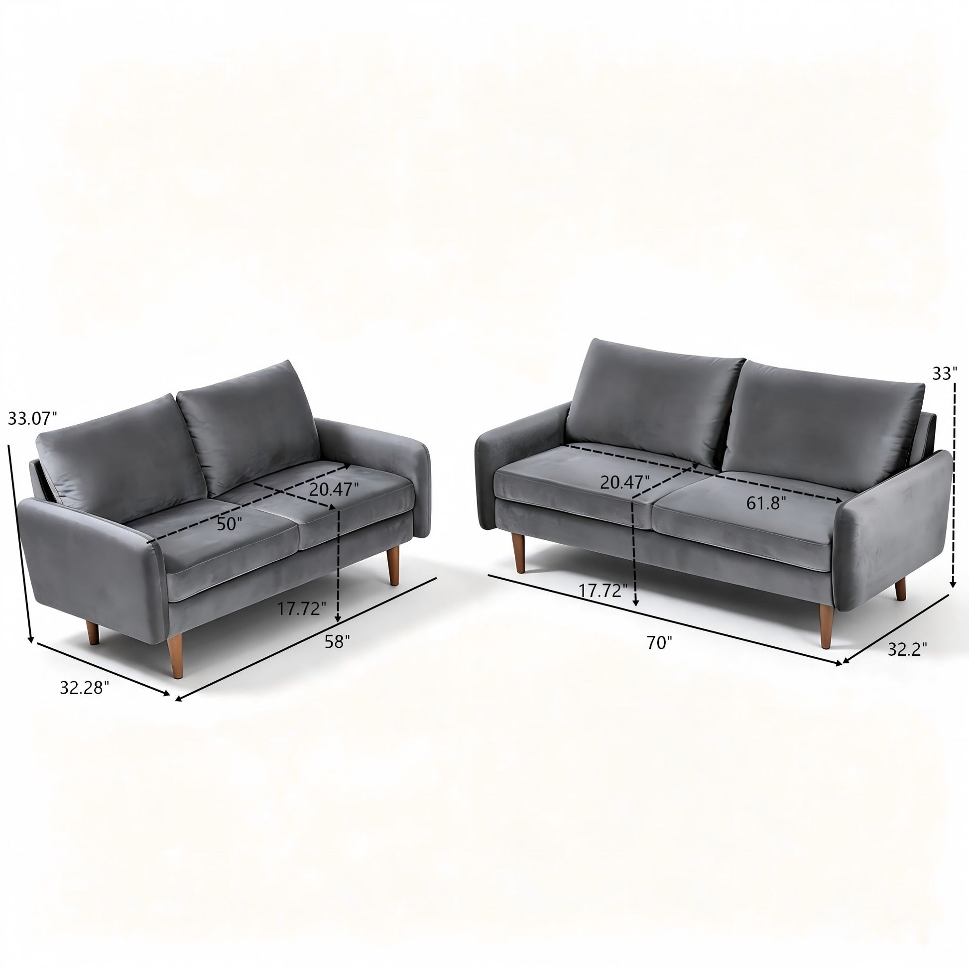 Kent - 2 Piece Sofa & Loveseat Set For Living Room - Gray