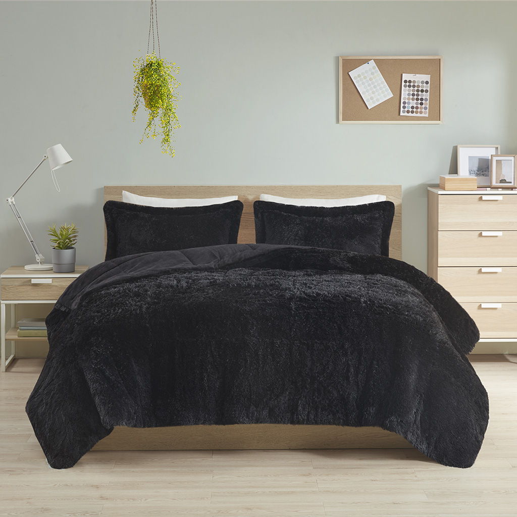Malea - King Shaggy Long Comforter Mini Set - Black