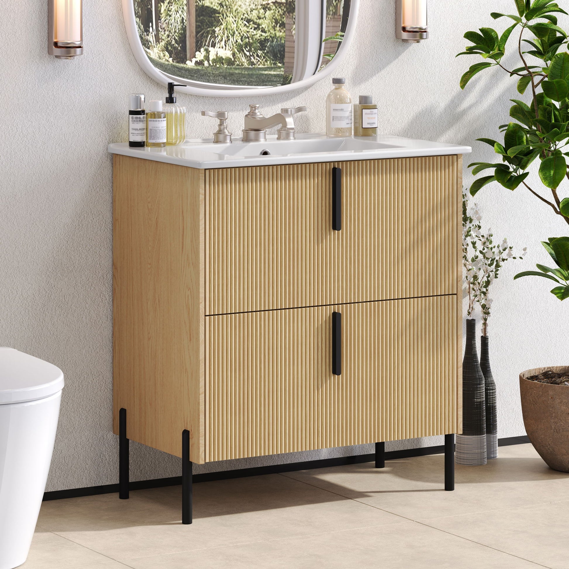 Bathroom Vanity With Ceramic Sink, Fluted Design
