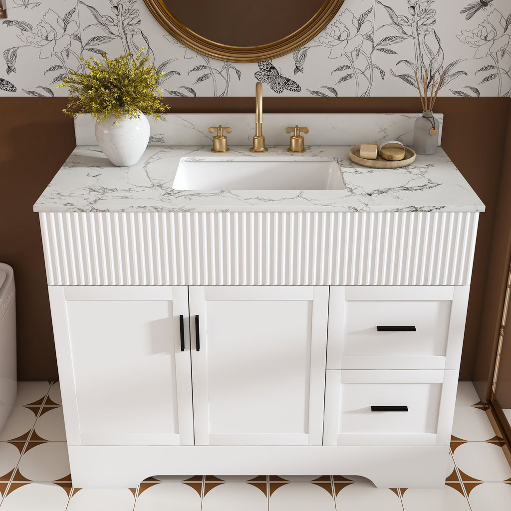 Bathroom Vanity Set, Fluted Cabinet, Soft Close Doors & Drawers, 3 Faucet Holes, Sink Included - White