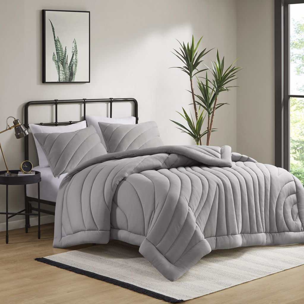 Juniper - Poly Jersey Puffy Queen Comforter Set - Gray