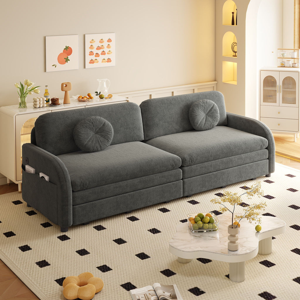 Upholstered Pull Out Couch With Side Pocket & USB Port