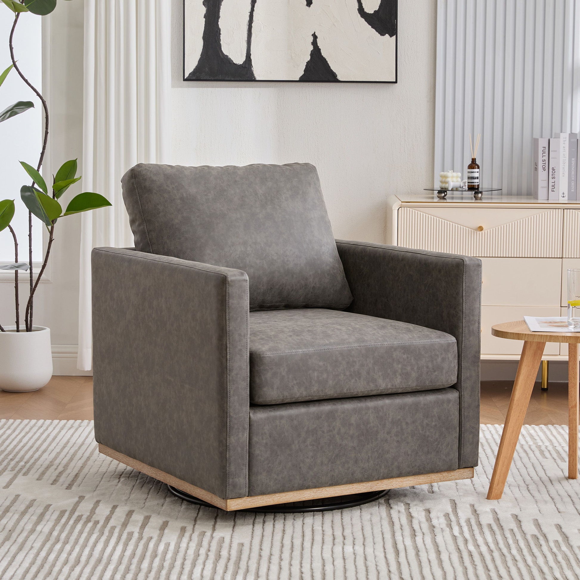 Modern Upholstered Square Swivel Accent Chair With 360 Degree Rotation