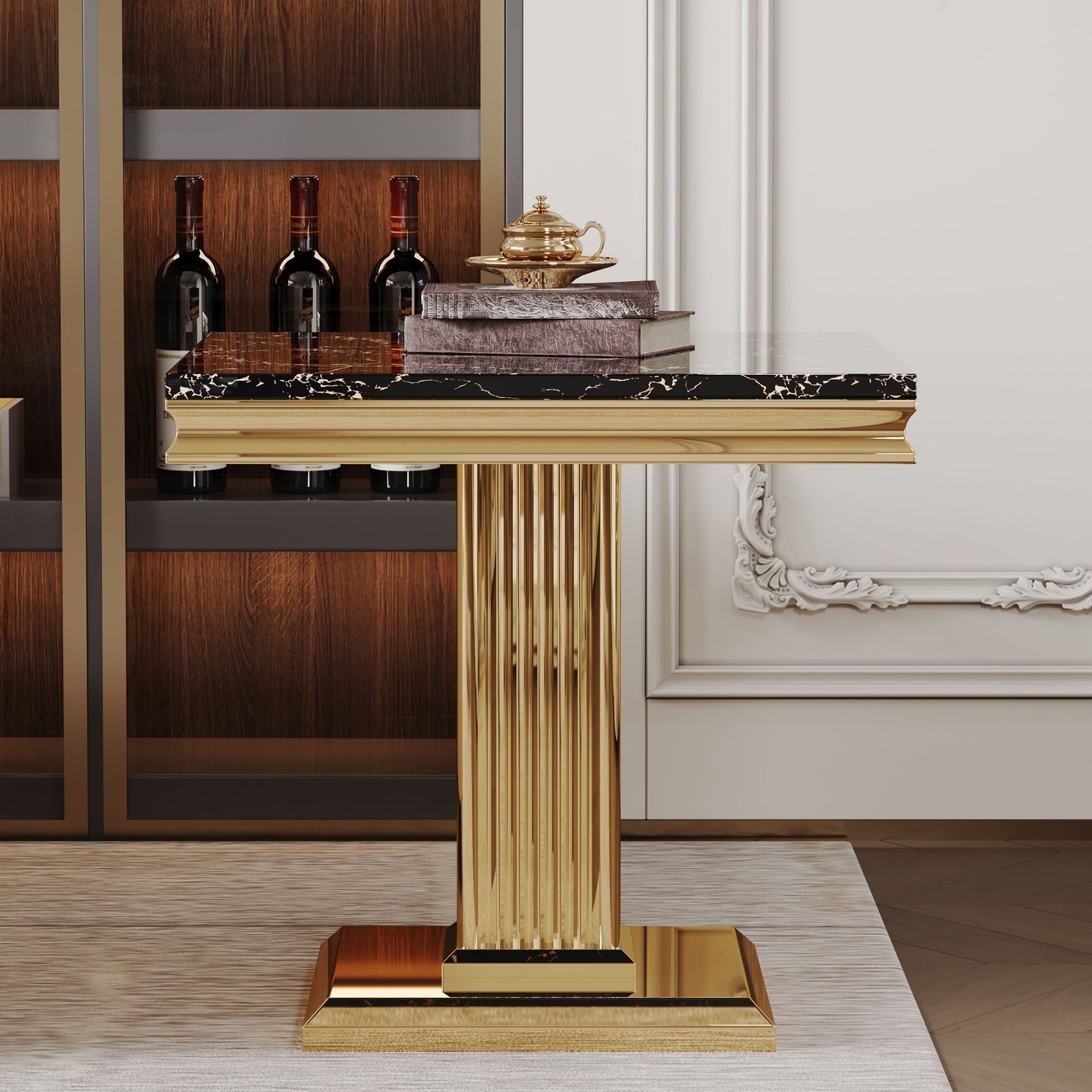 Marble Printed Rectangular End Table With Stainless Steel Legs - Gold / Black