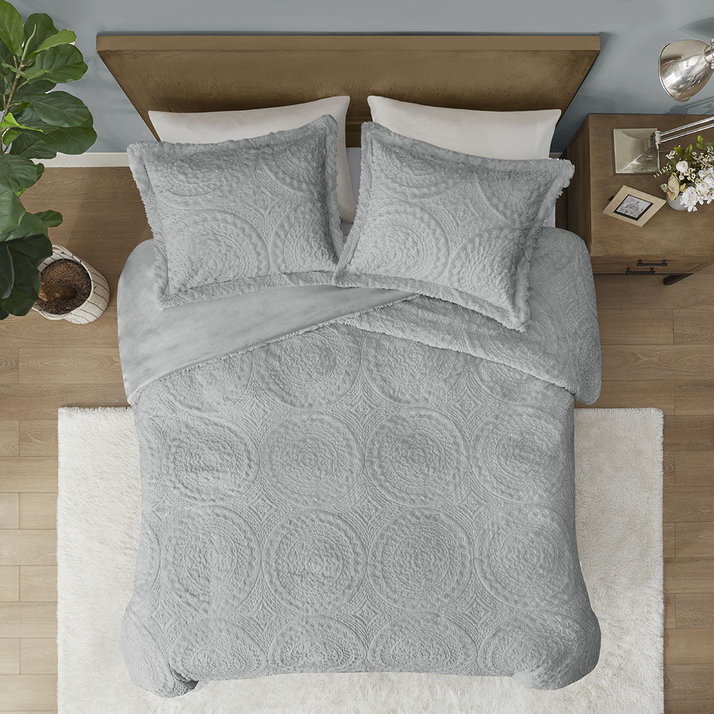 Arya - King Embroidered Medallion Ultra Comforter Mini Set - Gray