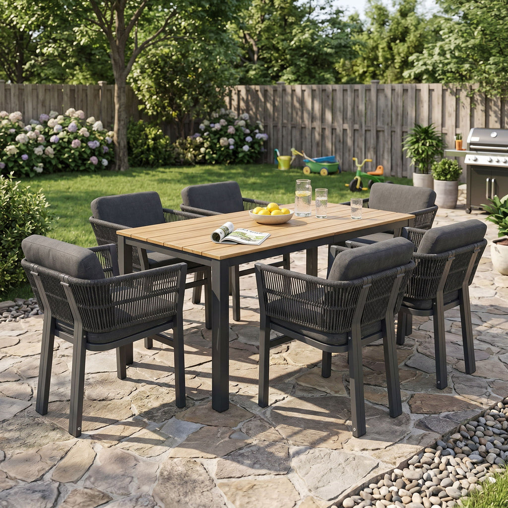 7 Piece Outdoor Dining Set & Table And 6 Chairs - Black / Gray / Teak