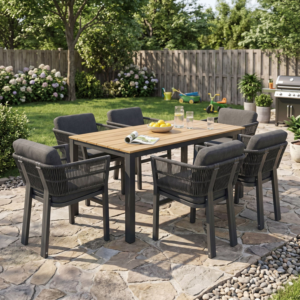 7 Piece Outdoor Dining Set & Table And 6 Chairs - Black / Gray / Teak