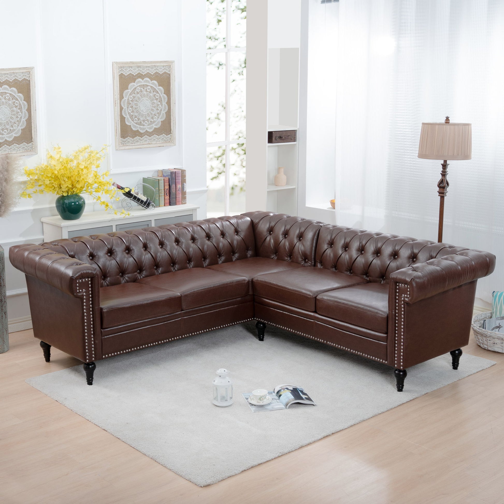 L Shaped Reversible Modern Chesterfield Sofa With Rolled Arms And Nailhead, 5 Seat Tufted Couch