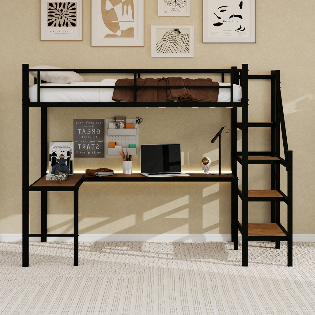 Loft Bed With L-Shaped Desk, Large Storage Space