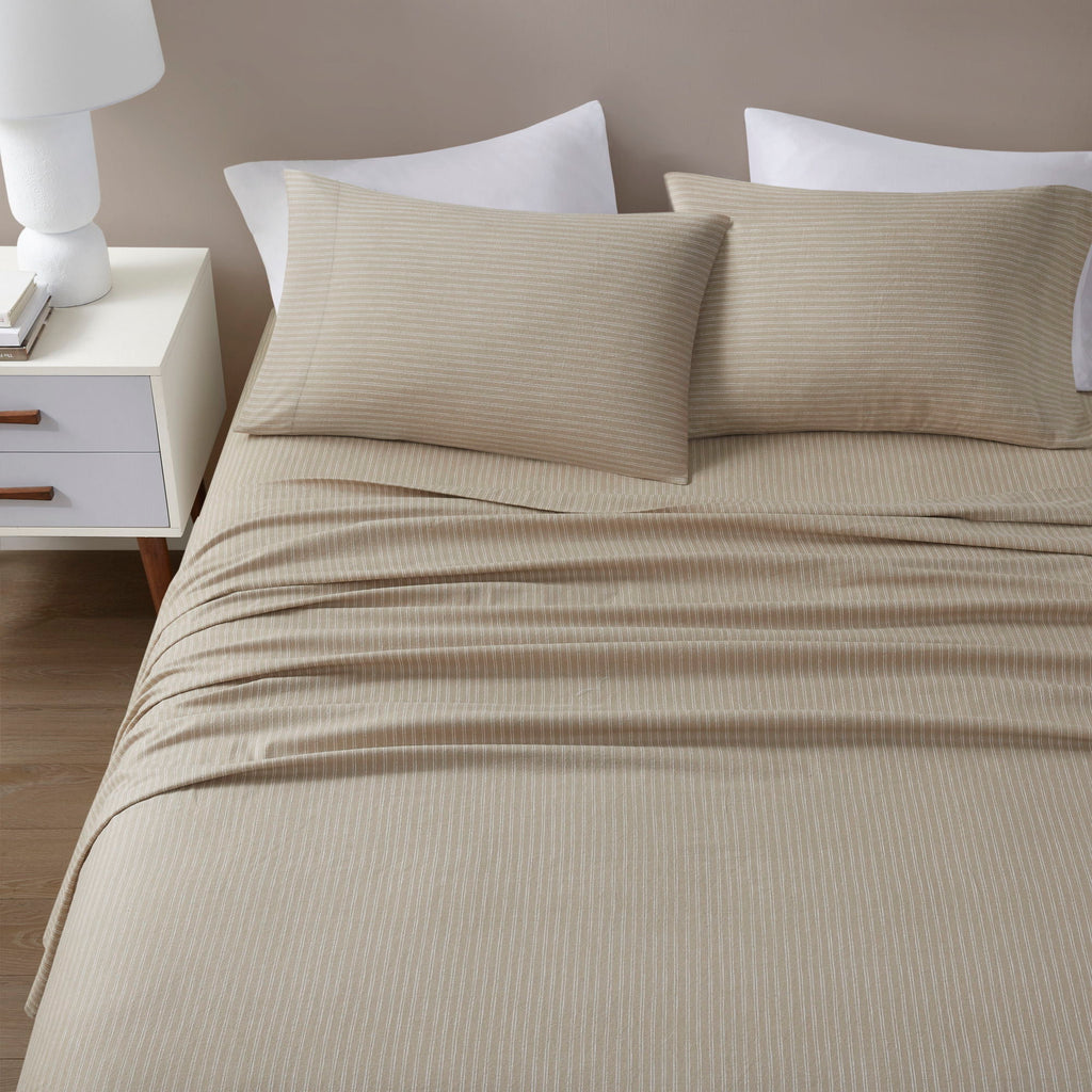 Cozy Cotton Flannel - King Printed Sheet Set - Beige / White Stripes