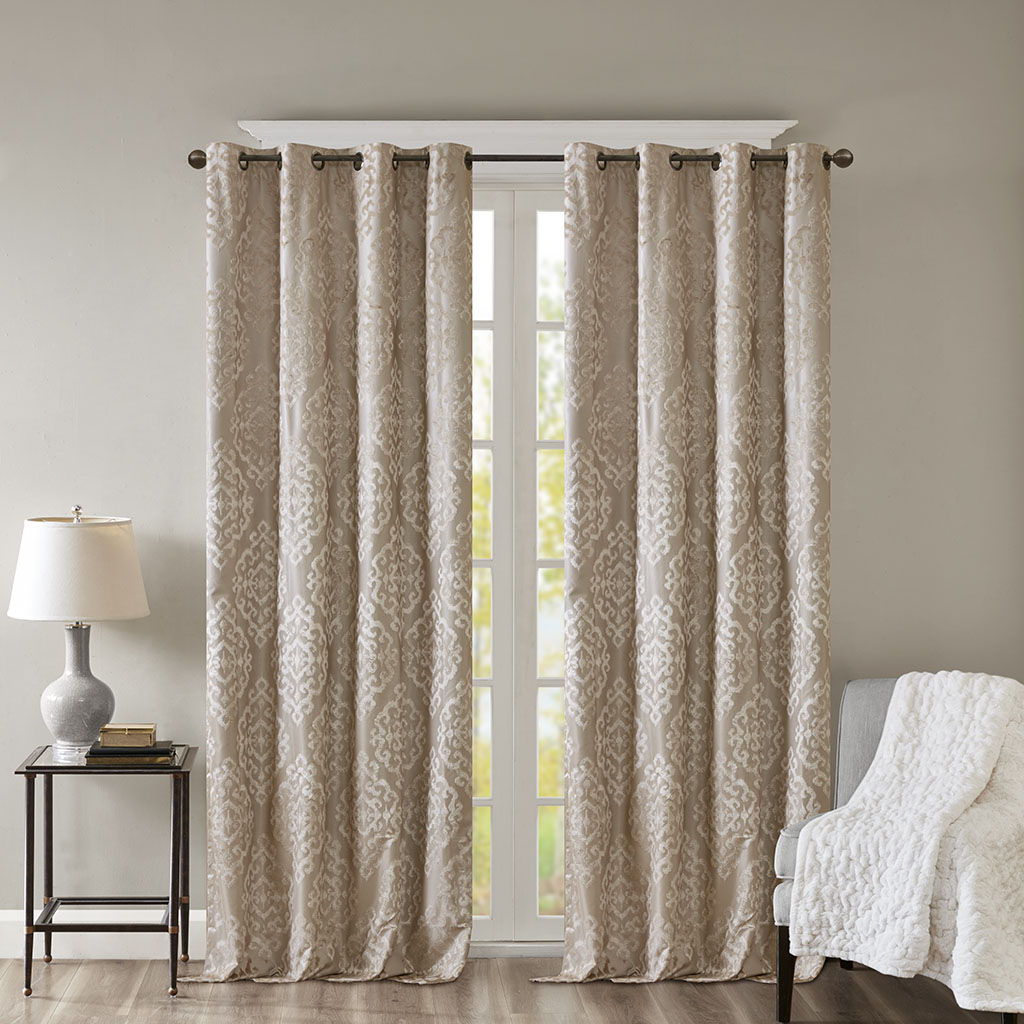 Mirage - 95" Knitted Damask Total Blackout Grommet Top Curtain Panel - Champagne