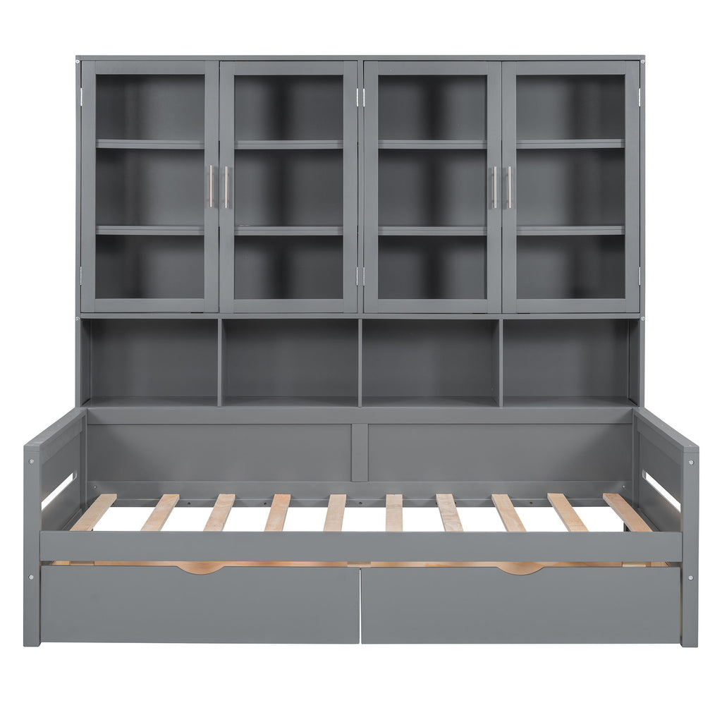 Daybed With Glass Door Storage Cabinets, Built In LED Lighting And Shelves