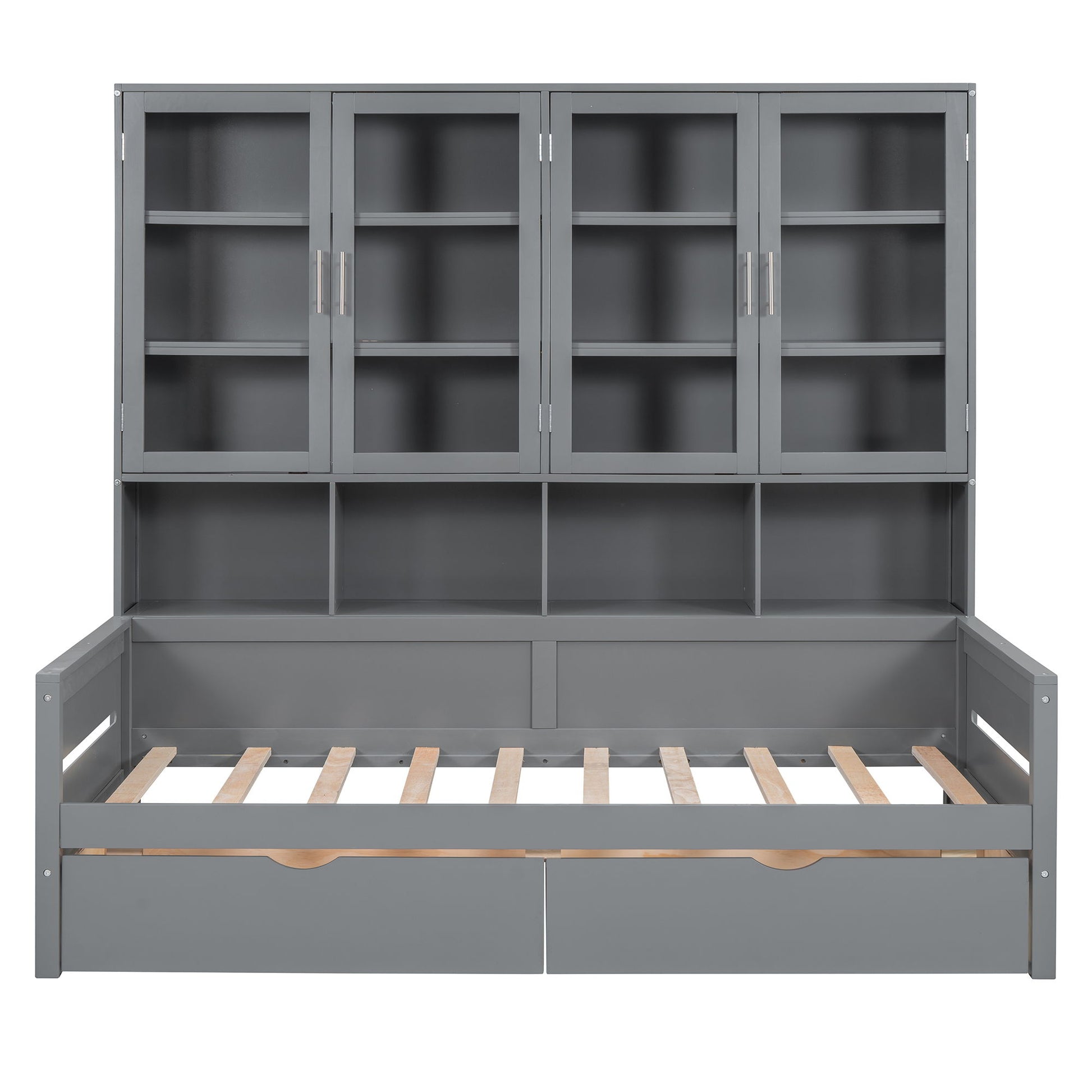 Daybed With Glass Door Storage Cabinets, Built In LED Lighting And Shelves