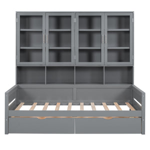 Daybed With Glass Door Storage Cabinets, Built In LED Lighting And Shelves